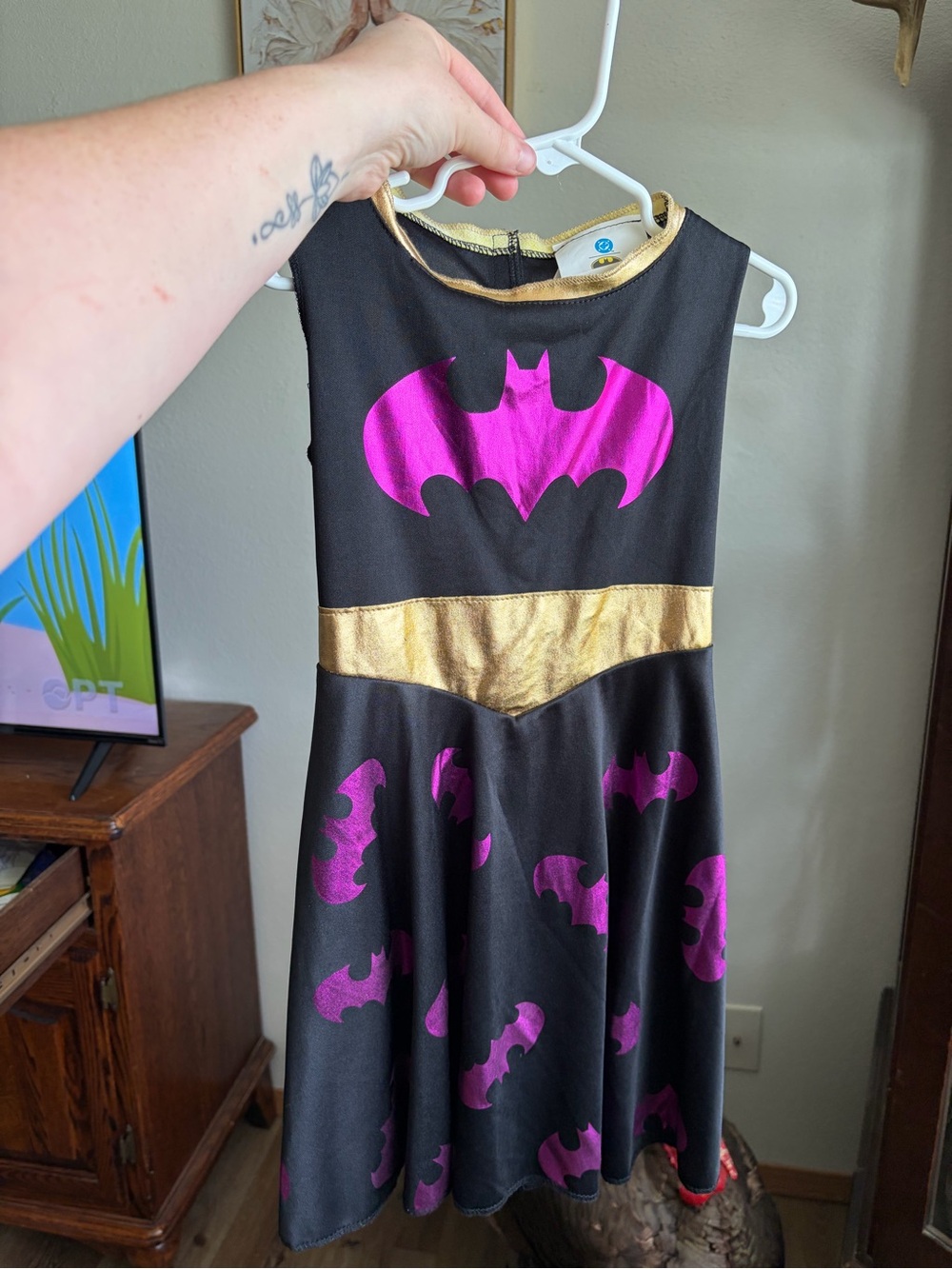 Batman Black Dress with Purple Bat Logos and Gold Waistband